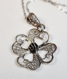 Sterling Silver Filagree Lucky 4 Leaf Clover  Pendant With Necklace