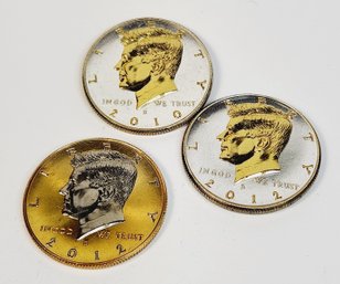 3 Two Tone Kennedy Half Dollars - 2010, 2012 Gold Tone , & 2012 Silver Tone