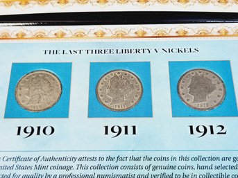 3 Liberty 'V' Nickels 1910, 1911, 1912  In Folder With Info/ History