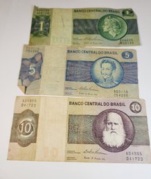 1, 5, & 10 Brazilian Foreign Paper / Bills/ Notes - 1970s