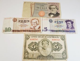 4 Foreign Bills/ Notes - 1 Luxembourg 5 CINQ FRANCS  , 1 Italian Lire Note & 2 - East German Bills