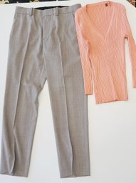 Theory Brand Fitted Pants With Coral Ribbed Sweater