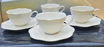 Vintage Butler's Pantry Gourmet By Lenox Set Of 4 Large Coffee Cups/Saucers In White/raised Cream Design