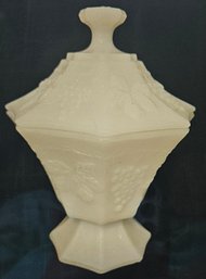 Vintage Anchor Hocking Milk Glass Candy Dish And Lid With Grape & Leaves Design 8' Tall