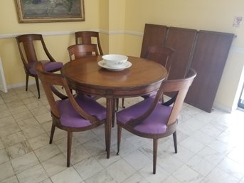 Vintage Watertown French Louis XVI Slide Gate Leg Table,  6 Chairs W Purple Faux Leather Seats & 3 18' Leaves