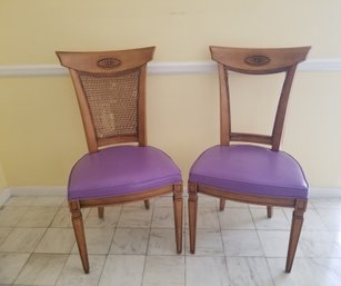 Pair Of Vintage Wood Caned Back Dining Side Chairs With Purple Vinyl Upholstered Seats