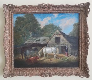 Framed Antique Oil Painting Of Barn Animals With Woman Looking On