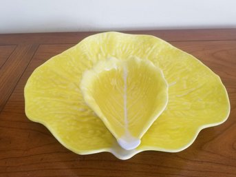 Majolica Inspired Lettuce Ware Crudite Platter With Attached Bowl - Made In Portugal