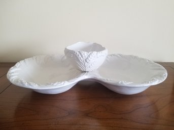 White Ceramic Wheat Leaves Double Bowl Platter With Dip Bowl