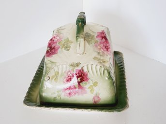 Antique Glazed Green, Ivory & Pink Cheese Keeper / Butter Dish