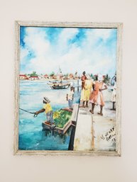 Vintage 1980s Signed J. Henry Antique Fishing Dock Framing Oil Painting