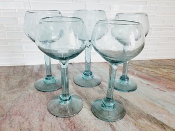 Five Mexican Aqua Blown Art Glass Wine Glass Stems