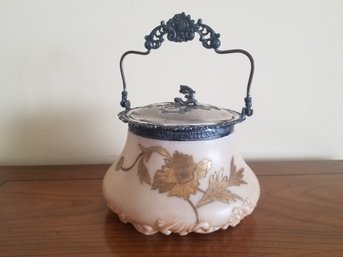 Antique Pairpoint Porcelain Gold Floral Decorated Biscuit Jar With Silver Plate Lid & Handle