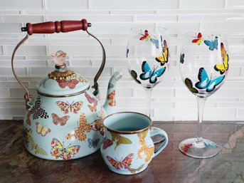 Whimsical MacKenzie Childs Enamel Butterfly Teapot, Mug & Two Painted Wine Glasses