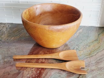 Vintage Kalmar Thailand Teakwood Salad Serving Bowl  & Serving Utensils