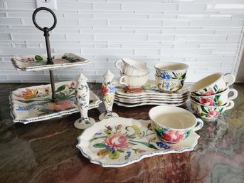 17 Piece Vintage Italy Hand Painted Rose Porcelain Tea Set, 2 Tier Tray, Salt & Pepper, Cups & Trays