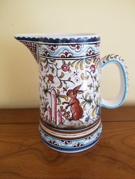 Hand Painted Ceramic Pitcher Signed - Made In Portugal