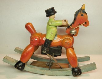 Antique Wooden Wind Up Rocking Horse Toy