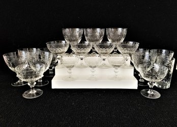 Antique Etched Crystal Glassware: Water, Wine And Cordial Glasses With Protective Case