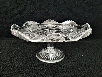 Vintage Decroative Etched Glass Cake Stand With Scalloped Rim