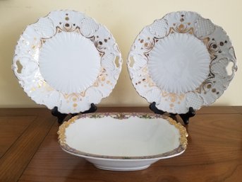 Pair Of Vintage White & Gold Encrusted Plates & Limoges Small Oval Serving Bowl