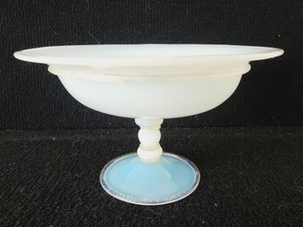 Antique Opaline White With Blue Hue Pedestal Centerpiece Bowl With Gold Fleck Accents