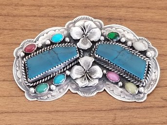 Vintage Southwestern Sterling Silver & Turquoise With Semi-Precious Stones Brooch Pin