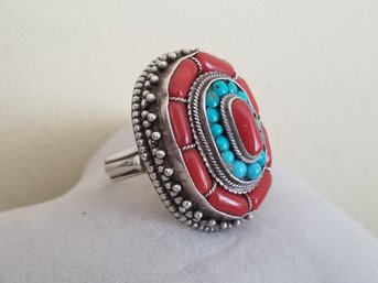 Vintage Sterling Silver Tibetan Oval Ring Inlaid With Turquoise & Red Coral Beads Size 12