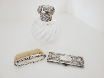 Antique Sterling Silver Repousse Stamp Case, Vanity Brush & Perfume Bottle & Vanity Brush-Monogrammed