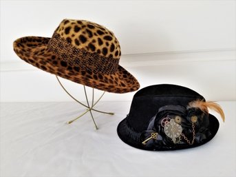 Women's Black Velvet Steampunk Hat And Faux Fur Leopard Print Wide Brim Hat Sizes M/L