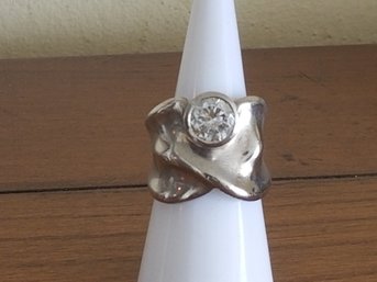 1964 Sterling Silver Wide Band Ring With Rhinestone Size 9