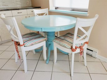 Robin Egg Blue Painted Round Wood Pedestal Dining Table With Three White Chairs