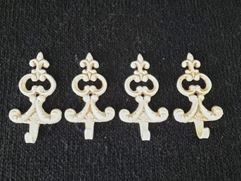 Four New SPI Fleur De Lis Wall Hooks Solid Brass With Off White Finish