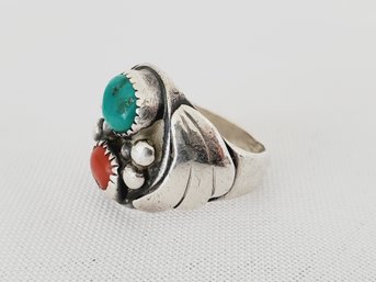 Vintage Sterling Silver Native American Turquoise & Coral Ring