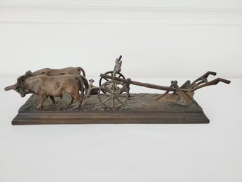 Antique Bronze Sculpture Pair Of Oxen Pulling Plow Ploughshare