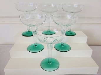 Six Vintage Clear Ribbed Stemmed Champagne Glasses With Green Base