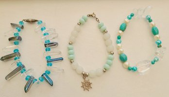 Trio Of Blue Bead Bracelets, One Glass Two With Natural Turquoise And Pearl