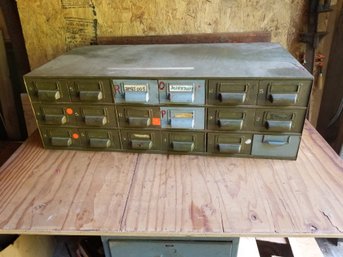 Vintage Eightreen Drawer Green Metal Drawer Box With Contents