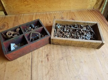 Two Antique Wooden Boxes Filled With Vintage Nuts, Bolts & Gadgets