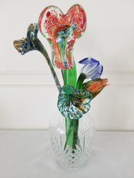 Six Piece  Hand Blown Art Glass Flowers In Crystal Vase