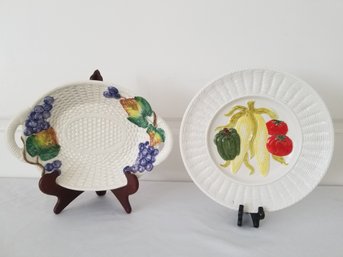 Fitz & Floyd Garden Basket Weave Wall Hang Plate & Grapes With Leaves Basket Weave Oval Serving Platter