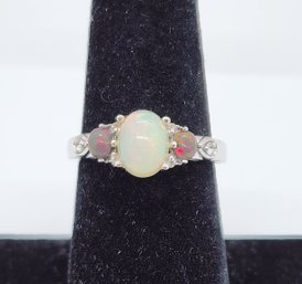 Ethiopian Welo Opal, Black Opal, White Topaz, Rhodium Over Sterling Ring