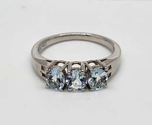 Premium Aquamarine, Diamond 3 Stone Ring In Platinum Over Sterling