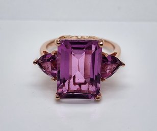 African Lilac Quartz 3 Stone Ring In Rose Gold Over Sterling