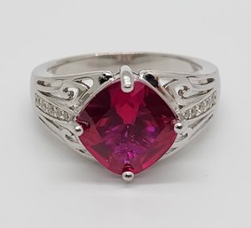 Red Ruby, White Zircon, Rhodium Over Sterling Ring