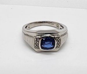 Blue Kyanite, White Zircon Men's Ring In Platinum Over Sterling