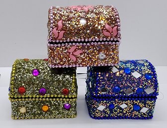 Handcrafted Set Of 3 Multi-color Wooden Beaded Trinket Boxes