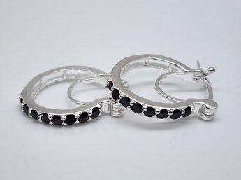 Faux Black Diamond Hoop Earrings In Sterling