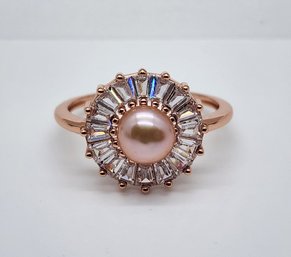 Purple Freshwater Pearl, Faux Diamond Ring In 14k Rose Gold Over Sterling