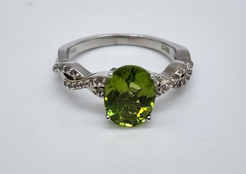 Premium Peridot, White Zircon Twisted Rope Ring In Rhodium Over Sterling